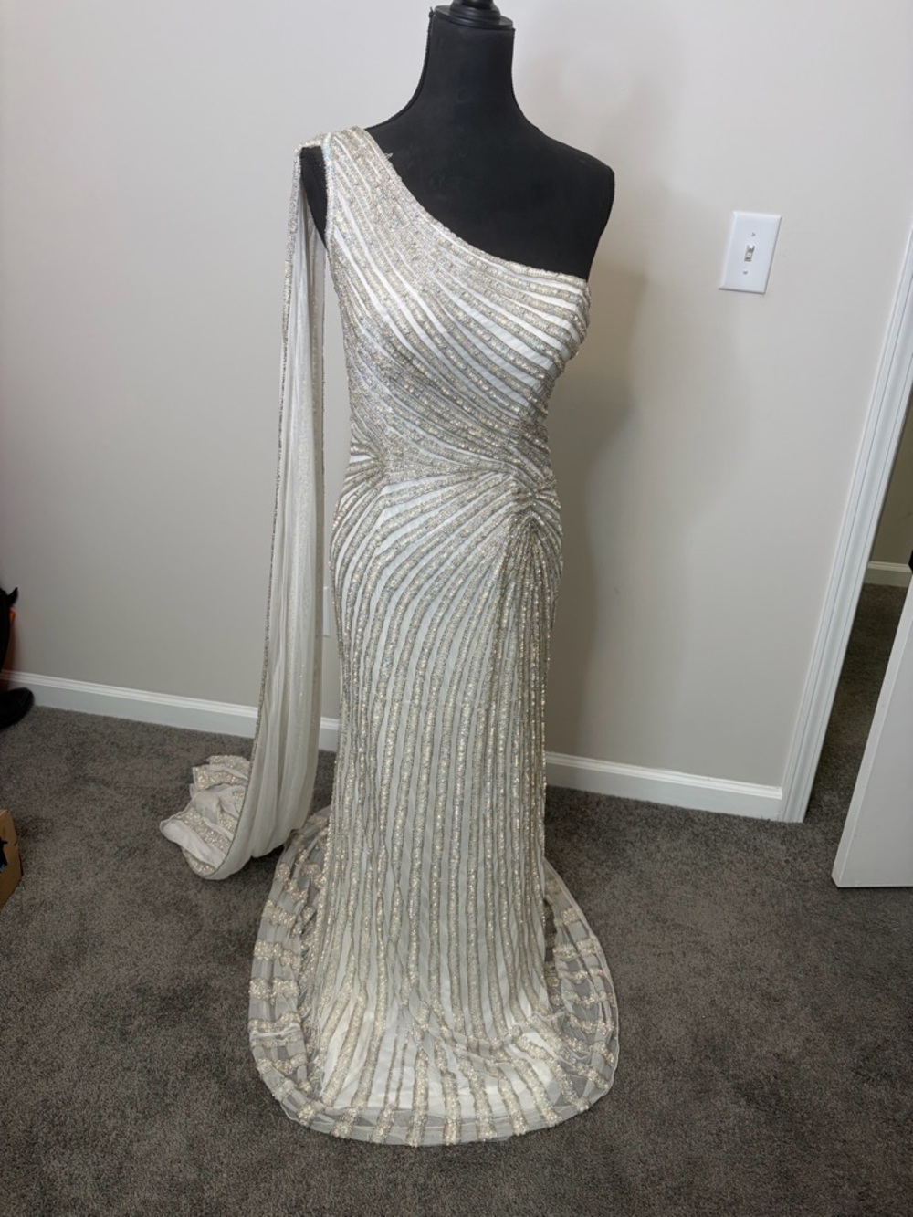 Sherri hill white and silver beaded, one shoulder cape dress #54232 wedding prom